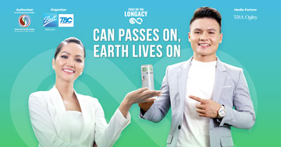Two Asian people holding Ball Aluminum Can. Tagline: Can Passes on, Earth Lives on.
