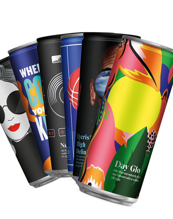 Aluminum cans featuring specialty inks