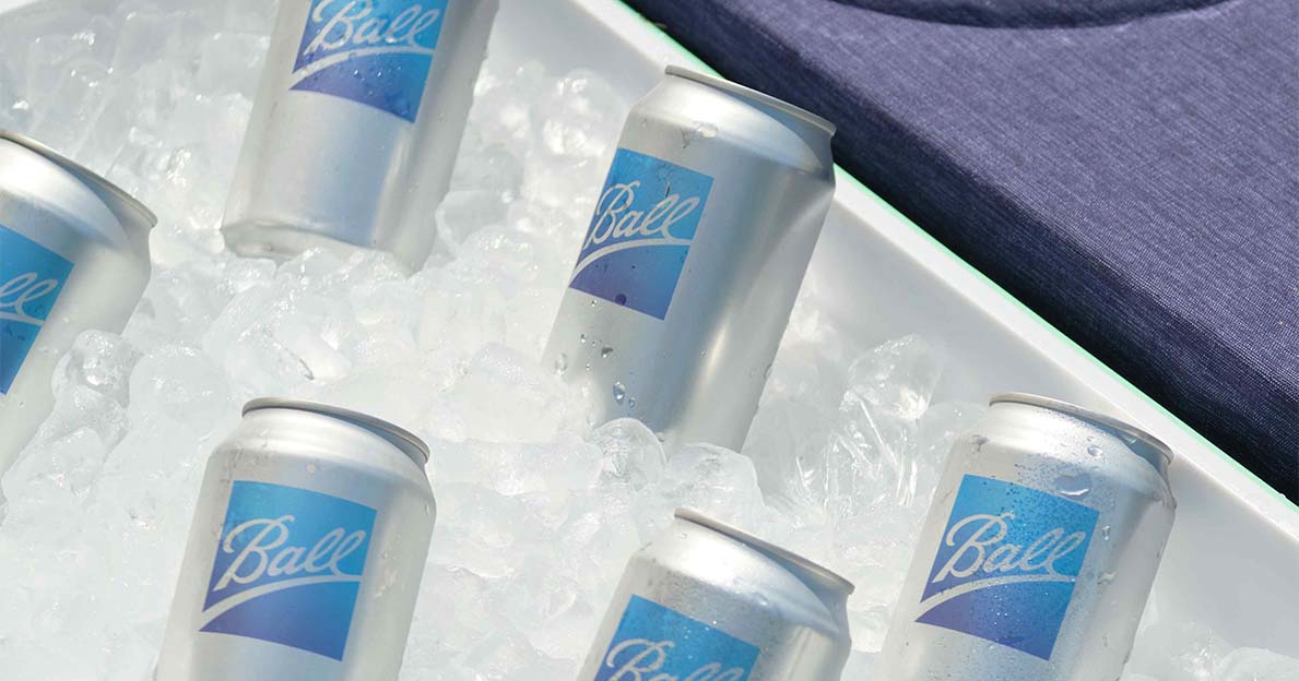 Ball branded aluminum cans in a cooler with ice